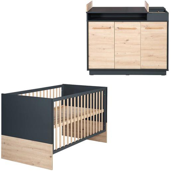 Chambre Bébé Évolutive 2 Pièces - Lit Et Commode À Fermeture Douce Lenn Gris Anthracite / Chêne Artisa