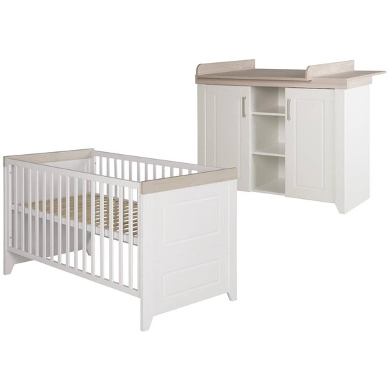 Chambre Bébé Évolutive 2 Pièces - Style Rustique Moderne Avec Soft-close Felicia Blanc Cassé / Décor Luna Elm