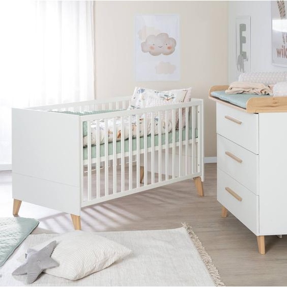 Chambre Bébé Évolutive - Lit + Commode À Langer Leon Blanc - Chêne Othello