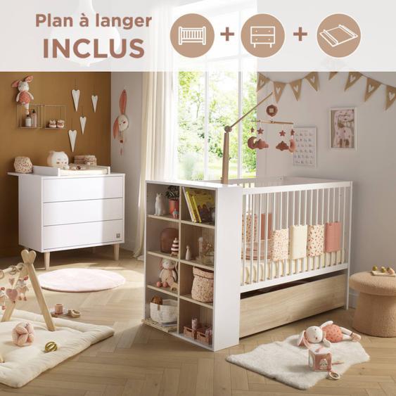 Chambre Bébé, Lit 120x60 Évolutif Et Commode À Langer 3 Tiroirs - Paloma Blanc