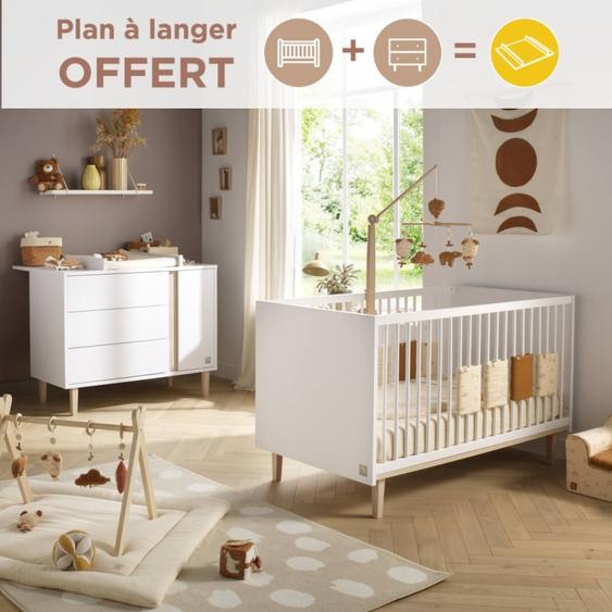 Chambre Bébé, Lit Évolutif Et Commode À Langer 3 Tiroirs Et 1 Porte - Paloma Blanc