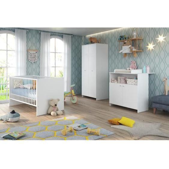 Chambre bébé Trio : Lit 70 x 140 cm + Commode à langer + Armoire NIKO - Blanc - TREND TEAM