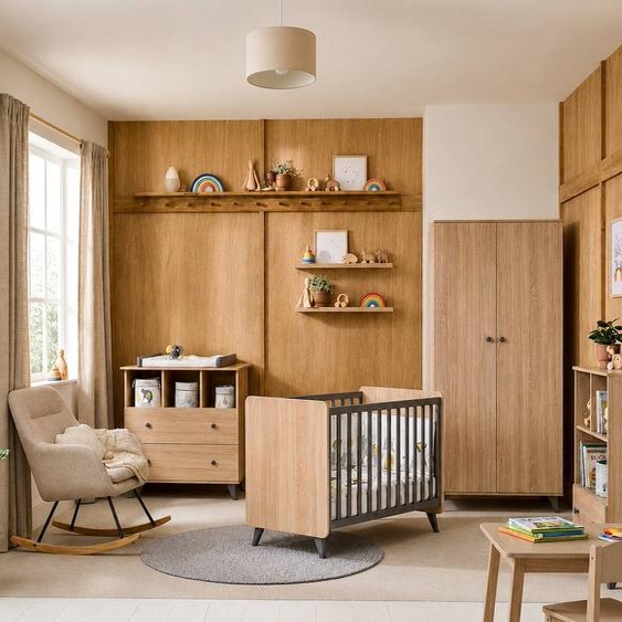 Chambre Bébé Trio: Lit Bébé 60x120, Commode À Langer 2 Tiroirs Et Armoire 2 Portes Décor Bois Chêne - Come Marron/gris