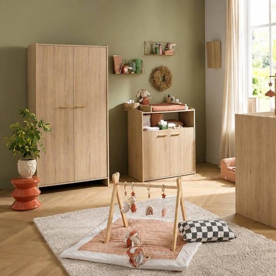 Chambre Bébé Trio: Lit Bébé 60x120 Évolutif, Commode À Langer 2 Portes Et Armoire 2 Portes Décor Bois Hêtre - Adele Marron