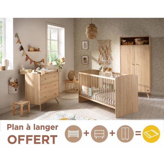 Chambre Bébé Trio: Lit Bébé 70x140 Évolutif, Commode À Langer 3 Tiroirs Et Armoire 2 Portes Décor Bois Chêne - Access Marron