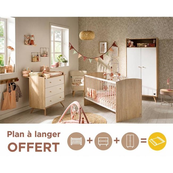 Chambre Bébé Trio: Lit Bébé 70x140 Évolutif, Commode À Langer 3 Tiroirs Et Armoire 2 Portes Décor Bois Chêne Et Blanc - Access Blanc/marron