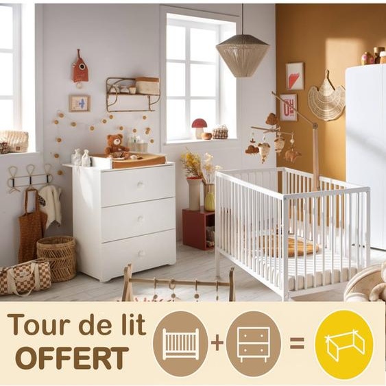 Chambre Complète Bébé Avec Lit 120x60cm À Barreaux Et Commode À Langer 3 Tiroirs - Basic Blanc