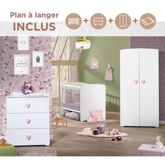 Chambre Complète Bébé Avec Lit À Barreaux, Commode À Langer Et Armoire 2 Portes - Basic Blanc/rose