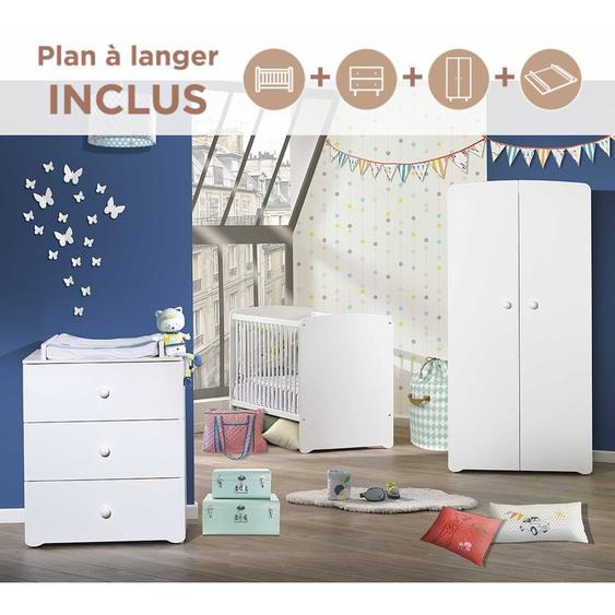 Chambre Complète Bébé Avec Lit À Barreaux, Commode À Langer Et Armoire 2 Portes - Basic Blanc
