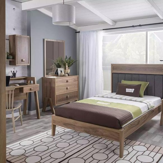 Chambre denfant Cadre de lit complet Meubles denfant Lit en bois brun Set 4pcs
