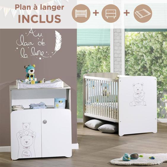 Chambre Duo Lit Et Commode À Langer En Bois - Teddy Blanc