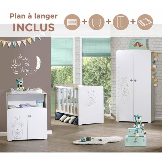 Chambre Trio Lit Et Commode Et Armoire En Bois - Teddy Blanc