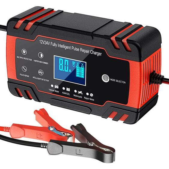 Chargeur de Batterie Intelligent 12V/24V 8A, Chargeur Batterie Mainteneur et Automatique Réparation Fonction Portable avec Écran lcd, pour Voiture