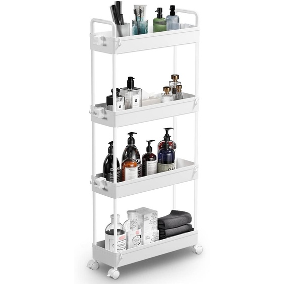 Chariot à 4 étagères, étagère étroite sur roulettes pour la cuisine, la salle de bains, la buanderie, la chambre à coucher, les petites pièces, en plastique, avec poignées, 13 x 40 x 86,3 cm, blanc
