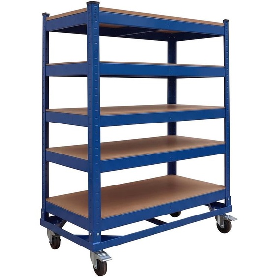 Chariot à étages Relaxdays, 5 niveaux, roulettes et freins, charge max. 750 kg, L x l x H : 110 x 90 x 45 cm, chariot datelier mobile, acier, bleu