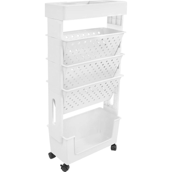 Chariot à livres - Étagère roulante - 5 niveaux - 4 roulettes (dont 2 avec frein) - PP+ABS - 37,5×15×78 cm - Charge max. env. 3 kg - Blanc