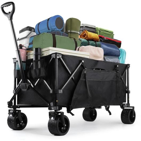 Chariot à main 250 L, 150 kg, avec poignée à clic, pliable sur 4 côtés, équipé de roues tout-terrain et dun frein, facile à ranger et stable