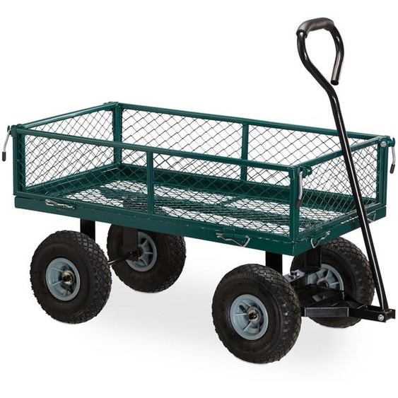 Chariot à main Relaxdays, chariot pratique pour le jardin et le transport en extérieur, panneaux latéraux rabattables, charge maximale de 150 kg, vert
