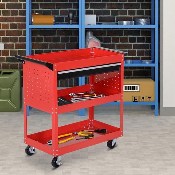 Chariot à outils à 3 étages avec tiroir, coffre à outils à roulettes, acier résistant à la corrosion, rouge | 82 x 35 x 76 cm | jusquà 60 kg | 4 roulettes (dont 2 avec frein)