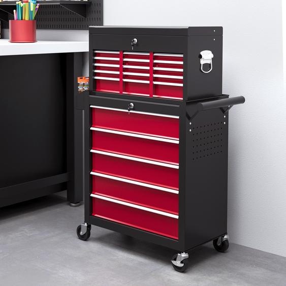 Chariot à outils en deux parties, verrouillable, 14 tiroirs, paroi perforée, chariot datelier en acier, rouge | 76 x 33 x 75 cm | 19 kg