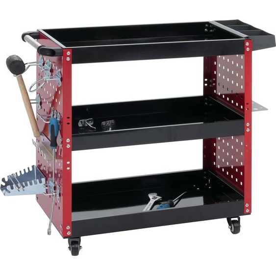 Chariot à outils HWC-M26, chariot à roulettes Chariot datelier, roulettes Poignée 3 plateaux Grille perforée, acier 73x90x35cm rouge