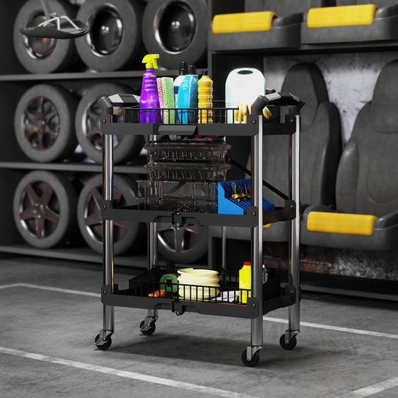 Chariot à outils pliable à 3 étages, chariot datelier, plastique et acier allié, noir | 64 x 37 x 84 cm | jusquà 68 kg | pliable à 18,5 cm