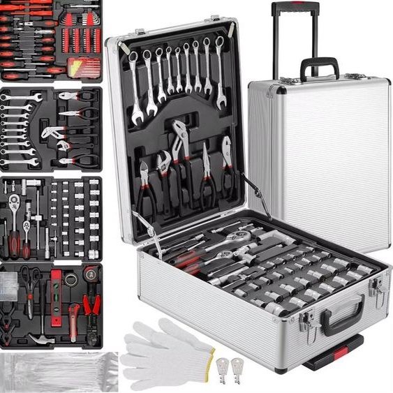Chariot à outils rempli de 799 pièces – Coffre à outils sur roulettes avec jeu de clés, tournevis et pinces – Coffre à outils robuste en aluminium pour usage domestique et professionnel