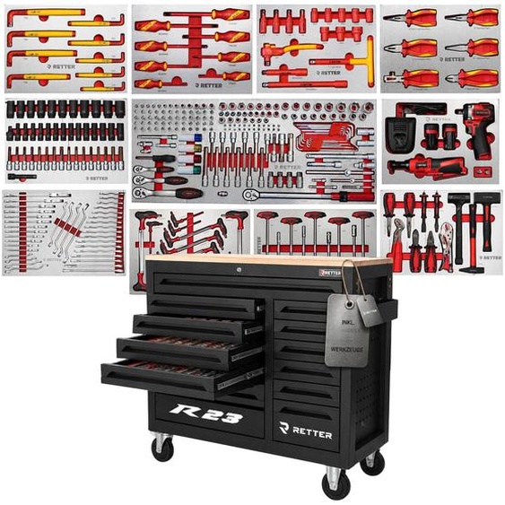 Chariot à outils RETTER R23 comprenant 372 outils, des inserts en aluminium, un plateau en bois, une visseuse à chocs sans fil 12 V et une clé à cliquet sans fil