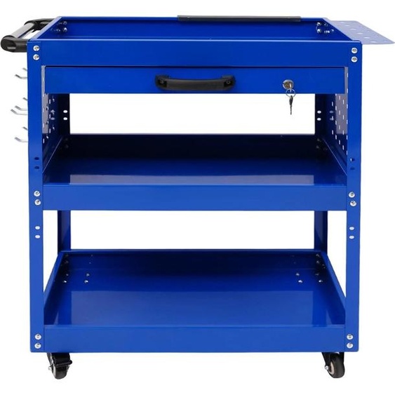 Chariot à roulettes, design à 3 niveaux, construction en acier durable, bleu