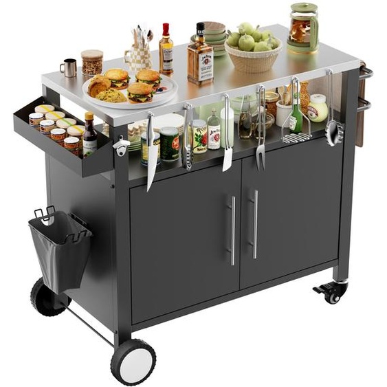 Chariot barbecue noir à 2 portes – Table de barbecue avec espace de rangement et chariot-bar à roulettes, équipé de crochets et dune étagère à épices pour les accessoires de barbecue, pour la terrasse et le jardin