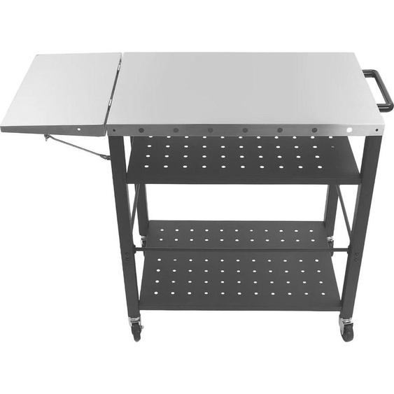 Chariot barbecue - Table de préparation barbecue dextérieur - Tablette latérale rabattable - 4 niveaux - 4 roulettes pivotantes avec frein - Acier inoxydable et PP - Gris foncé