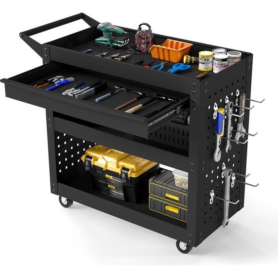 Chariot datelier COSTWAY, chariot datelier avec 3 surfaces de chargement, grand tiroir, 2 panneaux perforés et 8 crochets, chariot à outils pour garage ou atelier