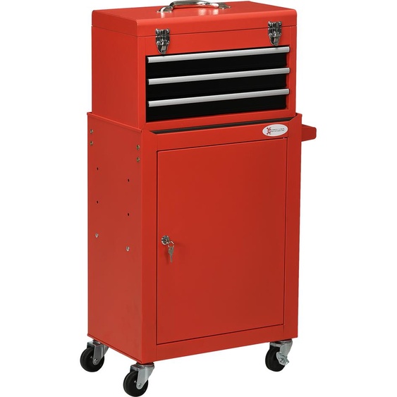 Chariot datelier DURHAND 2 en 1, mallette incluse Chariot à outils vide, chariot pour le rangement des outils, caisse à outils verrouillable avec poignée, acier, rouge