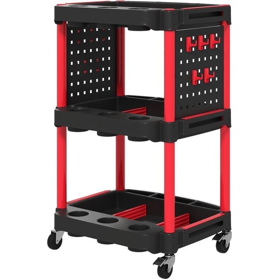 Chariot datelier Fortuna Lai à 3 étages, étagères à trous latéraux, chariot à outils avec 10 crochets, trous pour crochets Chariot datelier pour outils pour garage, entrepôt, charge max. 91 kg, noir