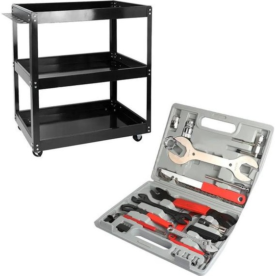 Chariot datelier + kit de réparation vélo - Kit doutils - 3 niveaux - 44 pièces - Pour lentretien des vélos - Avec clés - Entretien mécanique - Noir