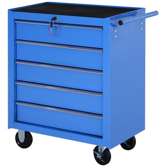 Chariot datelier mobile à 5 tiroirs, verrouillable, en acier, bleu | 67,5 x 33 x 77 cm | 100 kg | 2 freins de blocage