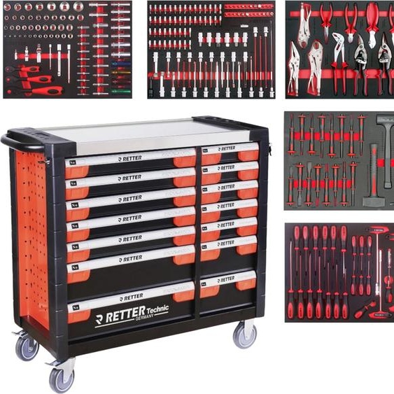 Chariot datelier RETTER RS3, chariot à outils à 14 tiroirs avec plateau en acier inoxydable – 1020 x 460 x 1020 mm, roulettes pour charges lourdes et verrouillage centralisé