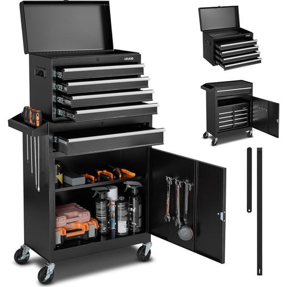 Chariot datelier VEVOR, design 2 en 1, chariot à outils avec 5 tiroirs & caisse à outils métallique amovible, barre de verrouillage, revêtement de protection & étagère à outils, organisateur de garage pour entrepôt, atelier
