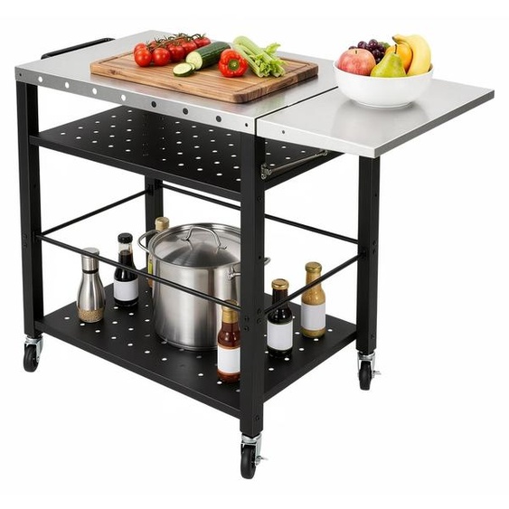 Chariot de barbecue en acier inoxydable avec une trappe rabattable et 4 roues