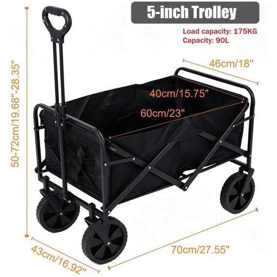 Chariot de camping pliable - Chariot de transport en tissu - Volume de chargement de 90 litres - Roues pivotantes à 360° de 13 cm - Robuste, idéal pour la plage et les pique-niques - Porte-gobelets