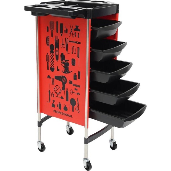 Chariot de coiffeur - Salontrolley - 5 tiroirs coulissants - 4 roulettes - Mobile - Plastique - Rouge