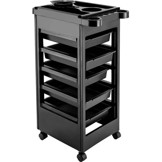 Chariot de coiffure - Chariot de salon - Avec 5 tiroirs - Support pour sèche-cheveux - Quatre roulettes - Dimensions 50 x 32 x 81 cm - Empilable - Noir