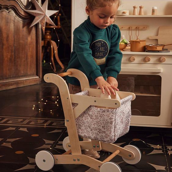 Chariot de courses en tissu et bois FSC® beige moyen uni avec decor
