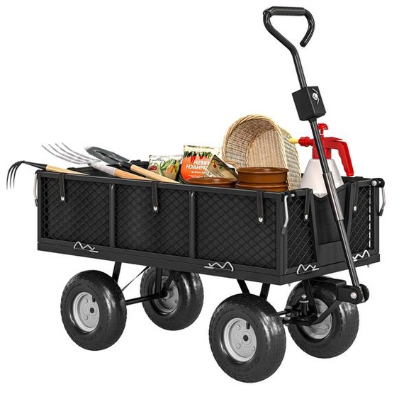 Chariot de jardin 300 Kg chariot remorque avec bache amovible et poigne rotative  180¡ã, parois rabattables, noir
