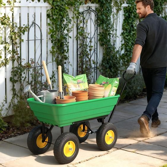 Chariot de jardin à benne basculante, chariot de transport, acier, vert foncé | 109 x 52 x 94 cm | 200 kg | Bac en plastique de 75 L | Roues pneumatiques