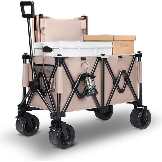Chariot de jardin Pliable avec freins 150KG Chariot de transport Poignée réglable Chariot de jardin Chariot doutillage Chariot à main Pneus tout terrain Chariot de plage pour tous les terrains Marron café