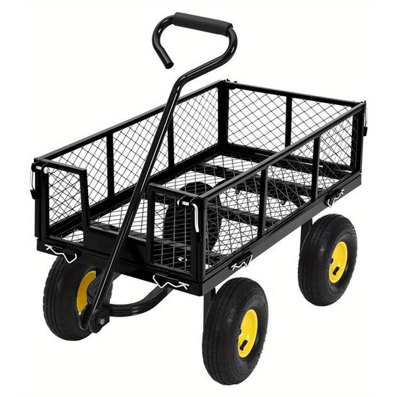 Chariot de jardin, robuste chariot de transport en acier avec poignée pivotante à 180 degrés et grandes roues pneumatiques