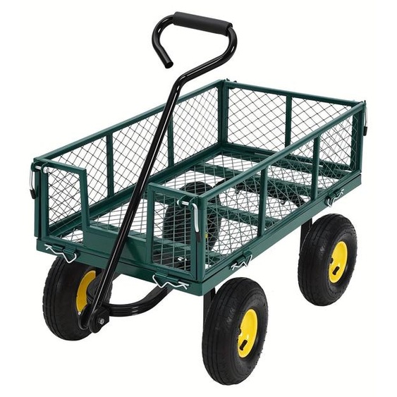 Chariot de jardin, robuste chariot de transport en acier avec poignée pivotante à 180 degrés et grandes roues pneumatiques
