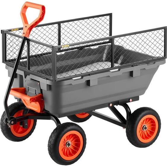 Chariot de jardin SucceBuy avec fonction basculante, capacité de charge de 362 kg, chariot de transport robuste en plastique et acier avec fonction de rotation à 270°, pneus en caoutchouc de 10 pouces et grille métallique pour le jardinage sur gazon,