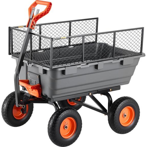 Chariot de jardin SucceBuy avec fonction basculante, capacité de charge de 544 kg, chariot de transport robuste en plastique et acier avec direction pivotante à 270°, pneus en caoutchouc de 13 pouces et grille métallique, idéal pour les travaux de